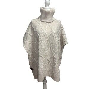 Sweater Poncho Womens M Cream Lambs Wool Chunky Cable Knit Oversized Funnel Neck